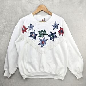 Vintage EZL Crewneck Sweatshirt Womens Small White Stars Fringe Western 90s